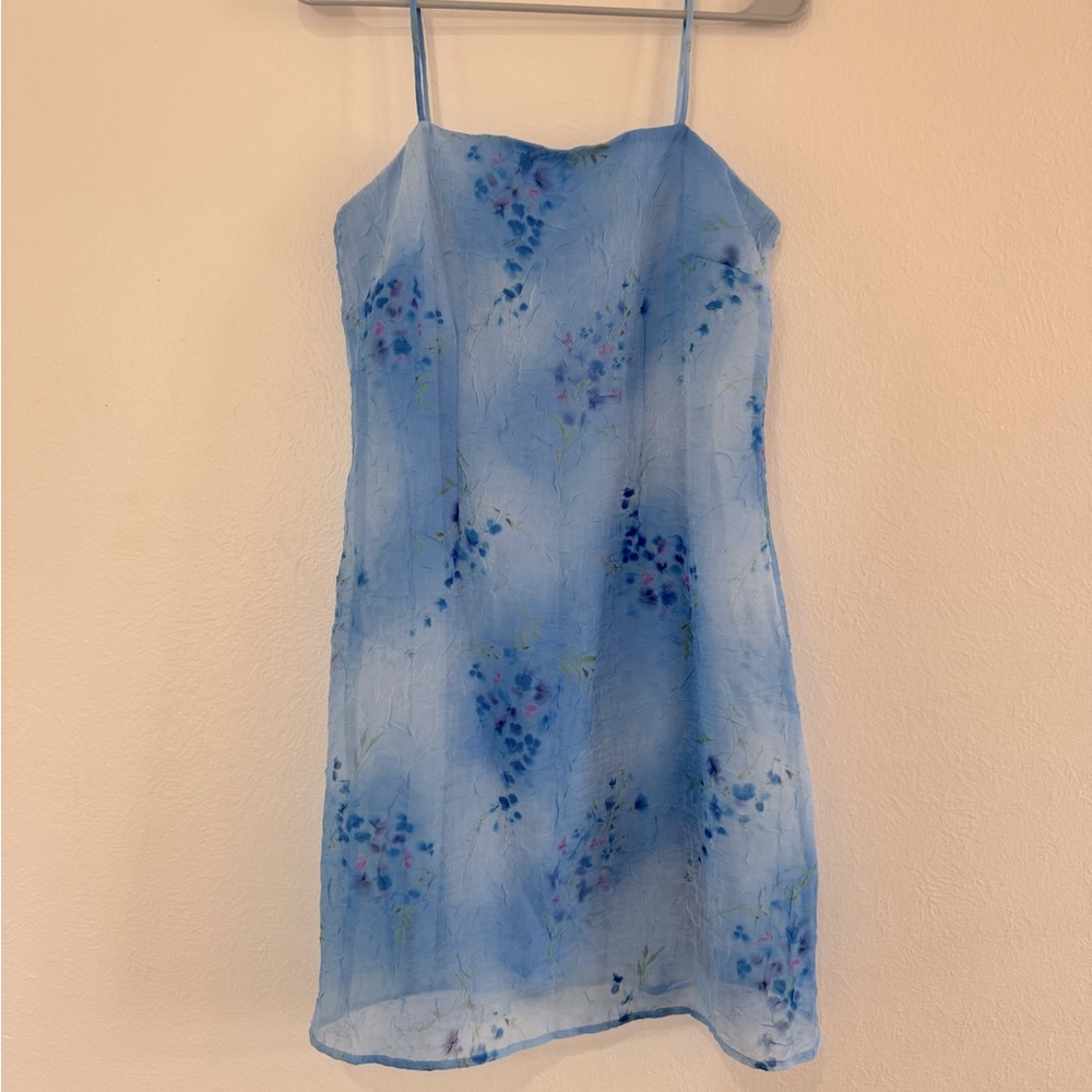 Exact Change Vintage 90s Blue Floral Mini Dress Spaghetti‎ Strap Size 9 (697)